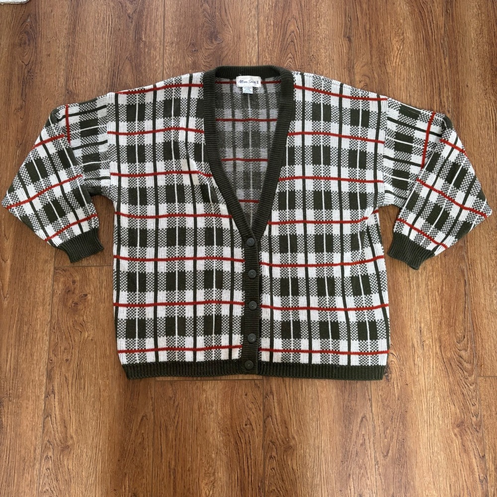 VTG 80s Allison Smith Plaid Cardigan Knit Sweater Olive Green Women 22W Academia